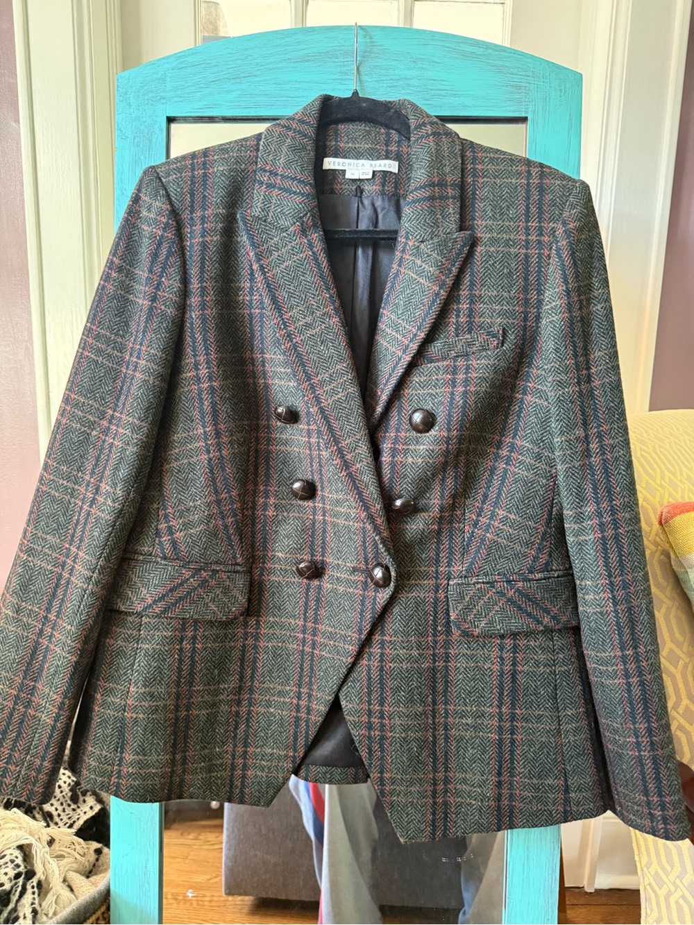 Veronica Beard Miller Dickey Plaid Double-Breasted Blazer size 14